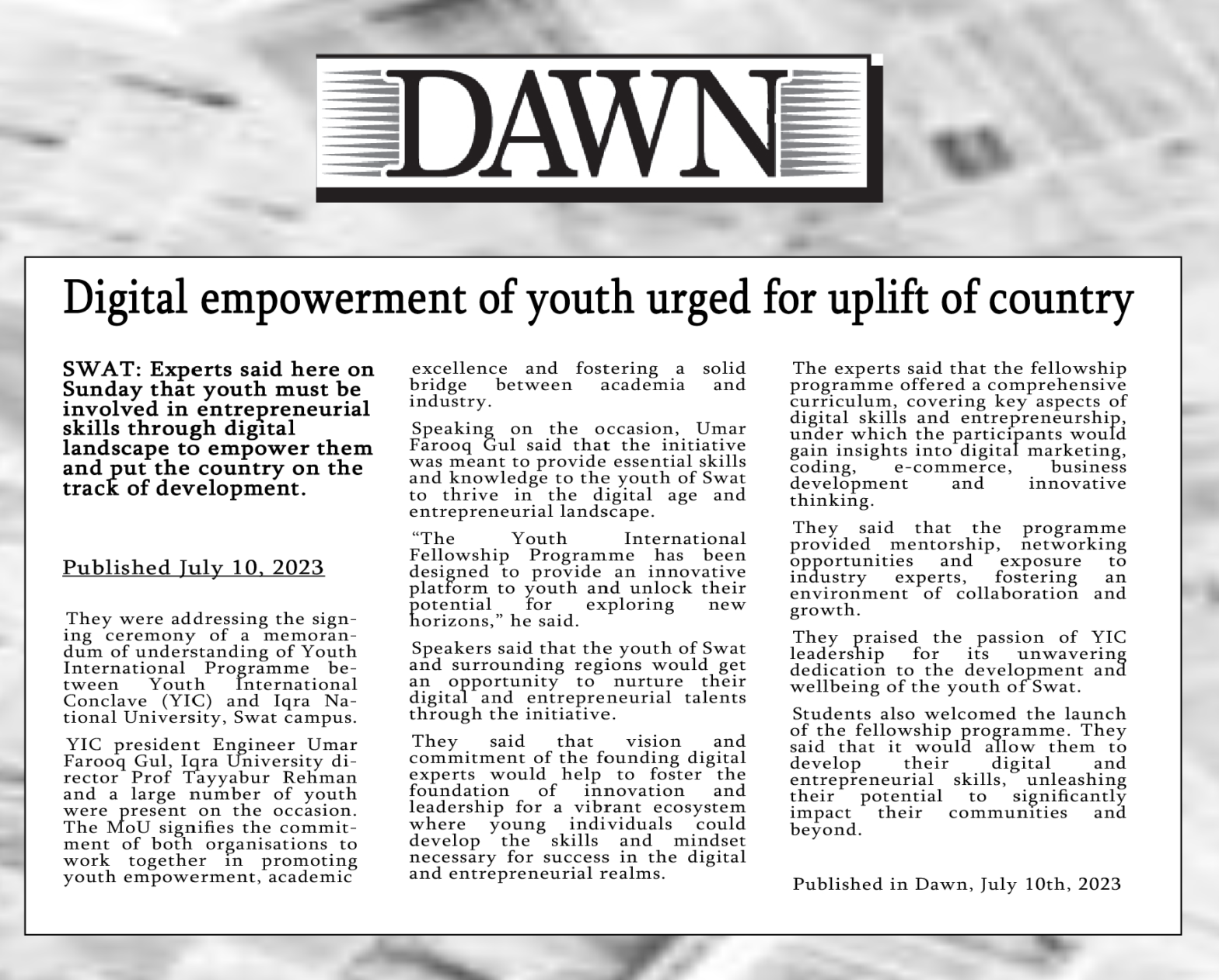 Dawn Newspaper spotlights transformative MOU signing between YIC President and Iqra National University Swat Campus Director, empowering youth for digital entrepreneurship.