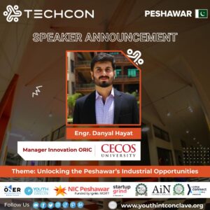 Pic shows: Announcing of Our Honorable Speaker: Danyal Hayat, the Manager Innovation ORIC of CECOS University of Information Technology and Emerging Sciences Of the event.